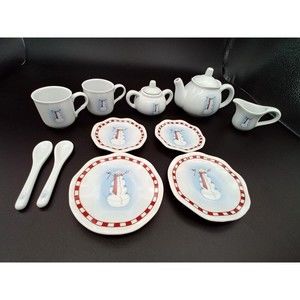 Miniature Snowman Porcelain Tea Party Set 13 Pieces Wicker Picnic Basket Vintage